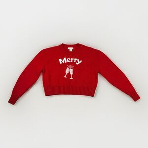 Christmas Cropped Sweater “Merry” Champagne Wool Blend‎ Red Women’s Sz M Holiday